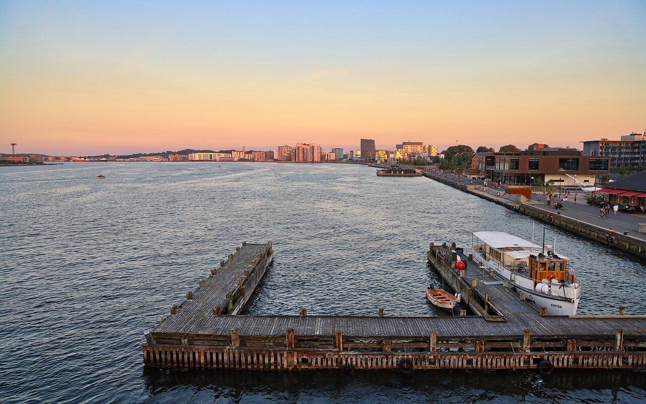 pier, port, boats, buildings, nature, houses, bridge, sea, ocean, aalborg, denmark, city, north jutland, outlook, cityscape, water, panorama, downtown, sunset, architecture