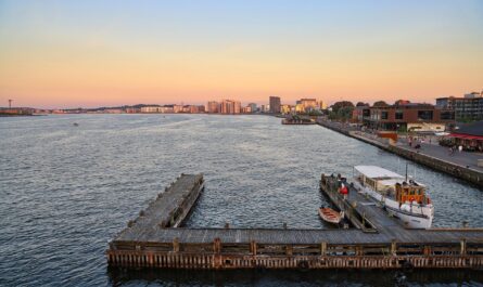 pier, port, boats, buildings, nature, houses, bridge, sea, ocean, aalborg, denmark, city, north jutland, outlook, cityscape, water, panorama, downtown, sunset, architecture