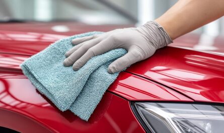 hand, car, cleaning, cloth, red, microfiber, auto, detailing, wash, surface, polish, shine, vehicle, maintenance, worker, service, protection, clean, equipment, automotive, hygiene, domestic, job, person, ai generated