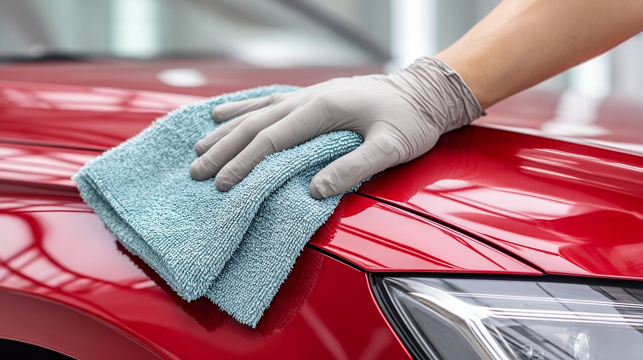 hand, car, cleaning, cloth, red, microfiber, auto, detailing, wash, surface, polish, shine, vehicle, maintenance, worker, service, protection, clean, equipment, automotive, hygiene, domestic, job, person, ai generated
